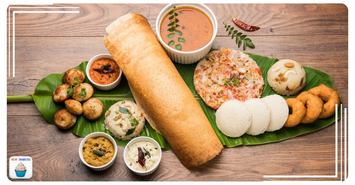 A vibrant array of South Indian foods arranged on a banana leaf, featuring a crispy dosa, fluffy idlis, savory vadas, appetizing chutneys, and colorful uttapam, symbolizing a healthy diabetic-friendly feast.