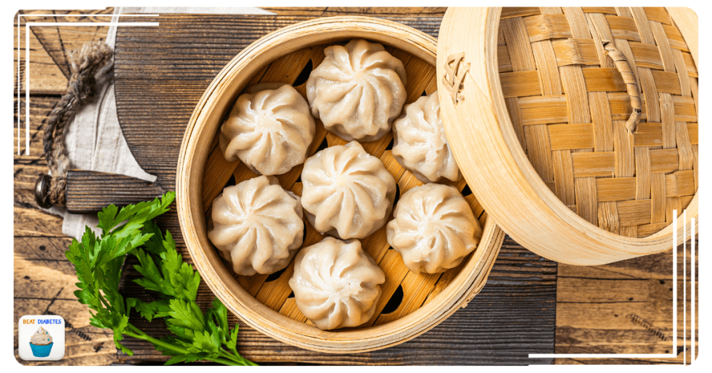 Freshly steamed momos nestled in a traditional bamboo steamer, surrounded by parsley, suggesting a health-conscious choice for individuals managing diabetes